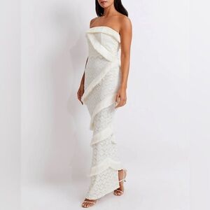 PatBo Crochet Strapless Fringe Trim Maxi Dress